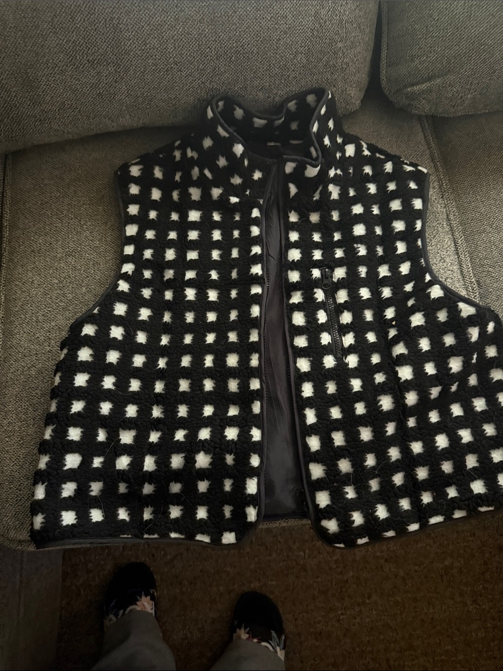 Women's Black & White Check Fleece Vest with Stand Collar